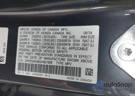 2025 Honda Cr-V Hybrid Sport Touring z USA, uszkodzony, nr VIN 2HKRS6H98SH807668